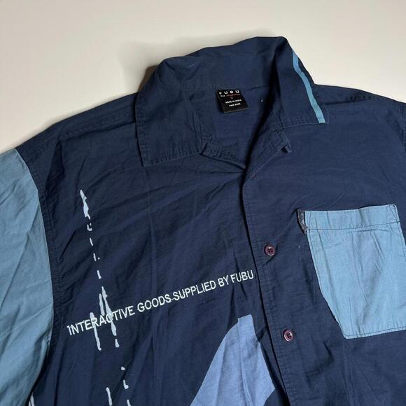 Vintage FUBU The Collection Button Up Shirt Men’s L Blue Patchwork Graphic - Picture 8 of 11